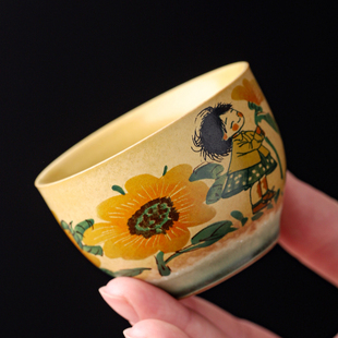 仿古花卉陶瓷茶杯黄色个性手握杯功夫茶具单杯创意茶杯女士主人杯