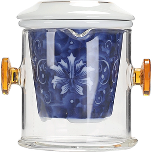 耐热双耳玻璃泡茶壶家用红茶杯陶瓷过滤玻璃花茶壶简约青花冲茶器