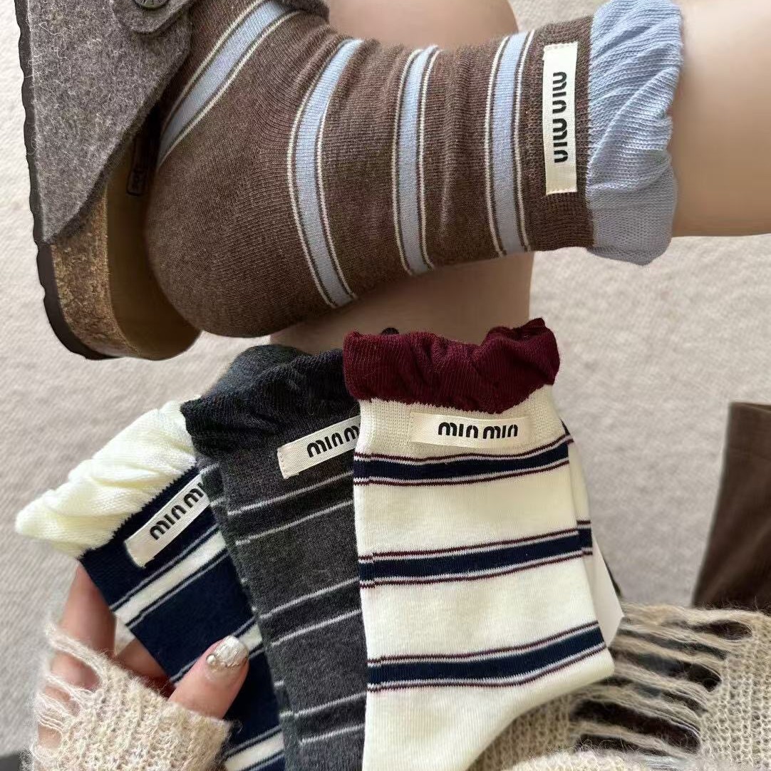 无骨条纹袜子女撞色双罗口字母布标中筒袜百搭吸汗透气ins堆堆袜