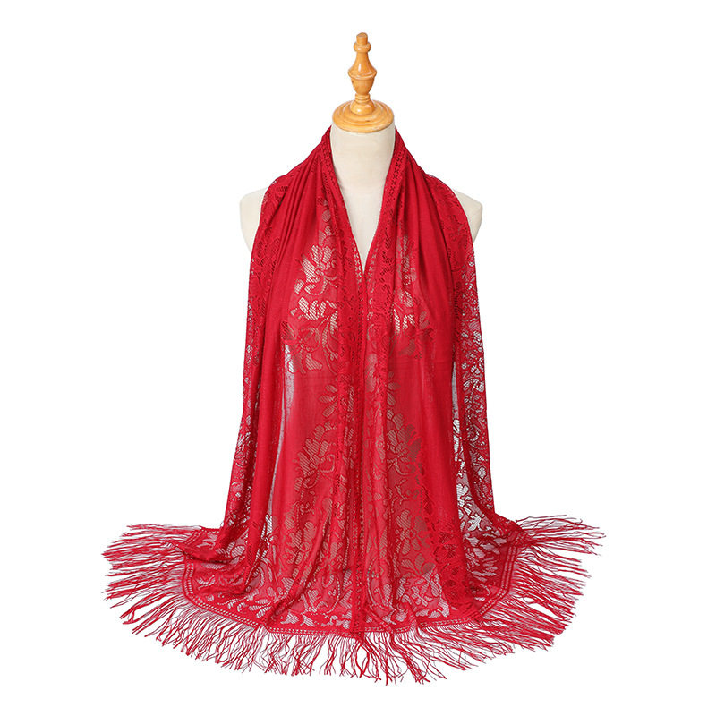 欧美穆斯林围巾盖头纯色蕾丝镂空流苏丝巾女夏季女士长款纱巾披肩