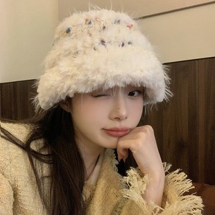 手工钩织毛线帽子女2025新款冬毛茸茸保暖显脸小针织帽筒子渔夫帽