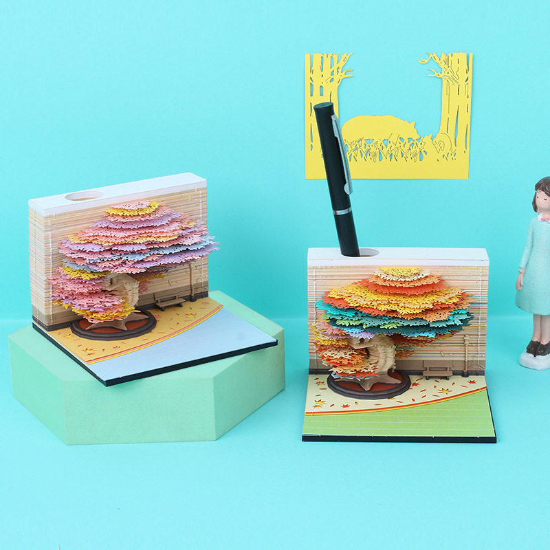 3D礼品工艺便签本纸雕树屋树带灯创意立体便签纸摆件风景树四季