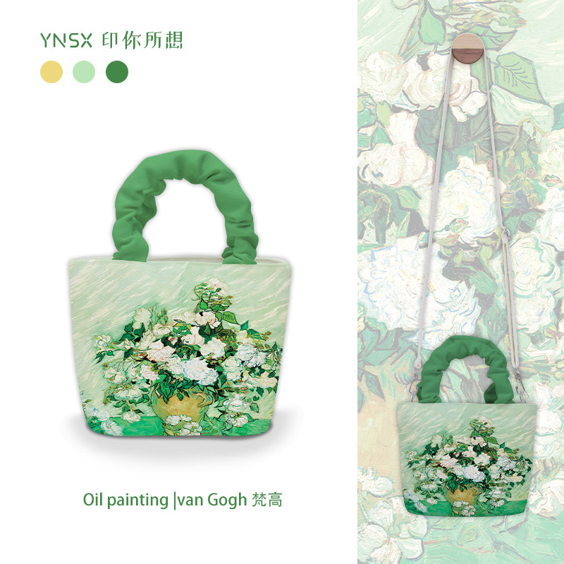 油画手提水桶包女秋冬2025新款绿色慵懒高级感小众文艺斜挎云朵包