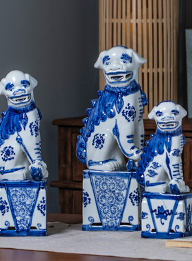 果礼明清仿古景德镇青花瓷狮子摆件对狮客厅玄关展厅茶室陈设摆件