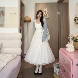 大码mm显瘦甜美吊带连衣裙蕾丝拼接收腰A字外披两件套小清新套装