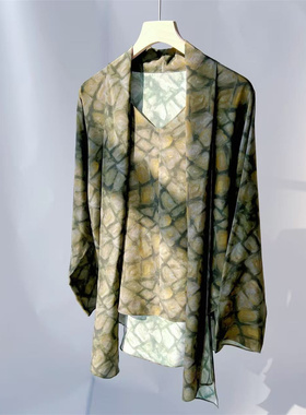 西班牙小众喜暖COR飘带V领蝙蝠袖真丝桑蚕丝印花长袖衬衫女上衣