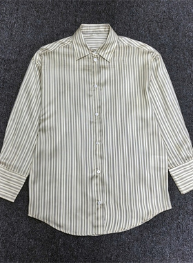 北欧TOT26春夏新款条纹丝绸衬衫女上衣长袖翻领衬衣宽松休闲百搭