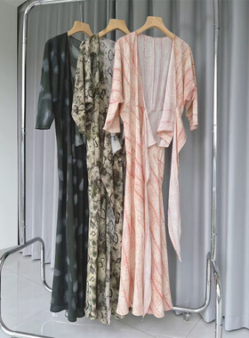 西班牙COR新款真丝桑蚕丝印花V领收腰围裹式连衣裙女长裙度假风