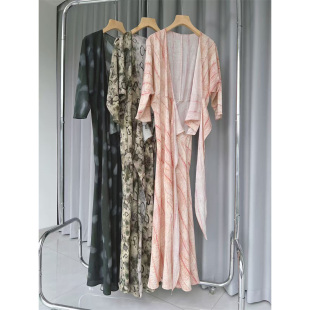 西班牙COR新款 连衣裙女长裙度假风 真丝桑蚕丝印花V领收腰围裹式