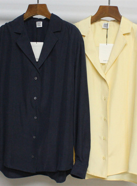 2023夏季新款TOT桑蚕丝平驳领V领长袖衬衫上衣女宽松真丝百搭衬衣