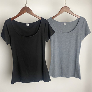 弹力 螺纹针织T恤女上衣打底修身 2023新款 tot黑色棉低圆领盖袖