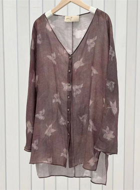 西班牙COR紫色印染V领长袖苎麻衬衫女上衣薄款休闲宽松百搭衬衣