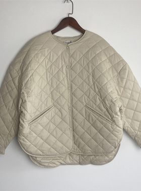 北欧小众TOT秋冬款鹅卵石灰棉质圆领菱格棉服女宽松廓形外套百搭