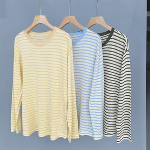 T恤女上衣打底衫 长袖 宽松慵懒风简约百搭 条纹针织衫 26春夏新款