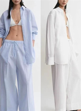 北欧TOT夏季新款棉麻混纺垂感廓形衬衫女上衣女/抽绳阔腿长裤套装