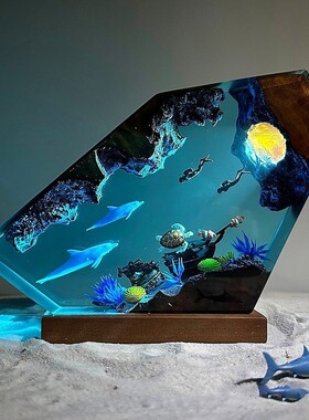 热卖环氧树脂灯潜水探险海豚海龟与潜水员树脂工艺品节日送礼礼品