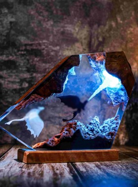 跨境Decorative resin lamp树脂灯黑龙和白龙喷火桌面装饰树脂灯