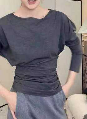 里里定制丨一字领束腰灰色长袖T恤打底上衣女
