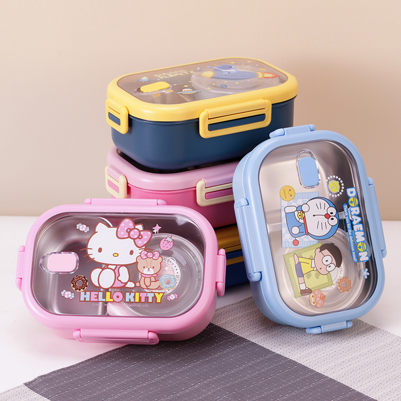 卡通带汤碗饭盒304不锈钢分格便当盒食品级上班族学生餐盒