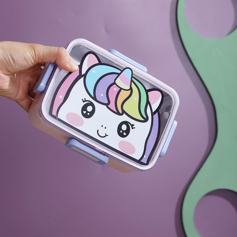 萌趣卡通304不锈钢餐盒单格密封带扣午饭盒学生午餐盒便当盒