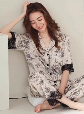 日本GP新中式水墨轻奢睡衣女真冰丝短袖长裤蕾丝高级感时尚家居服