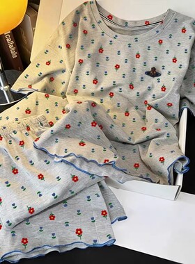 日本GP复古小花睡衣女夏季甜美短袖大码长裤夏天纯棉家居服套装