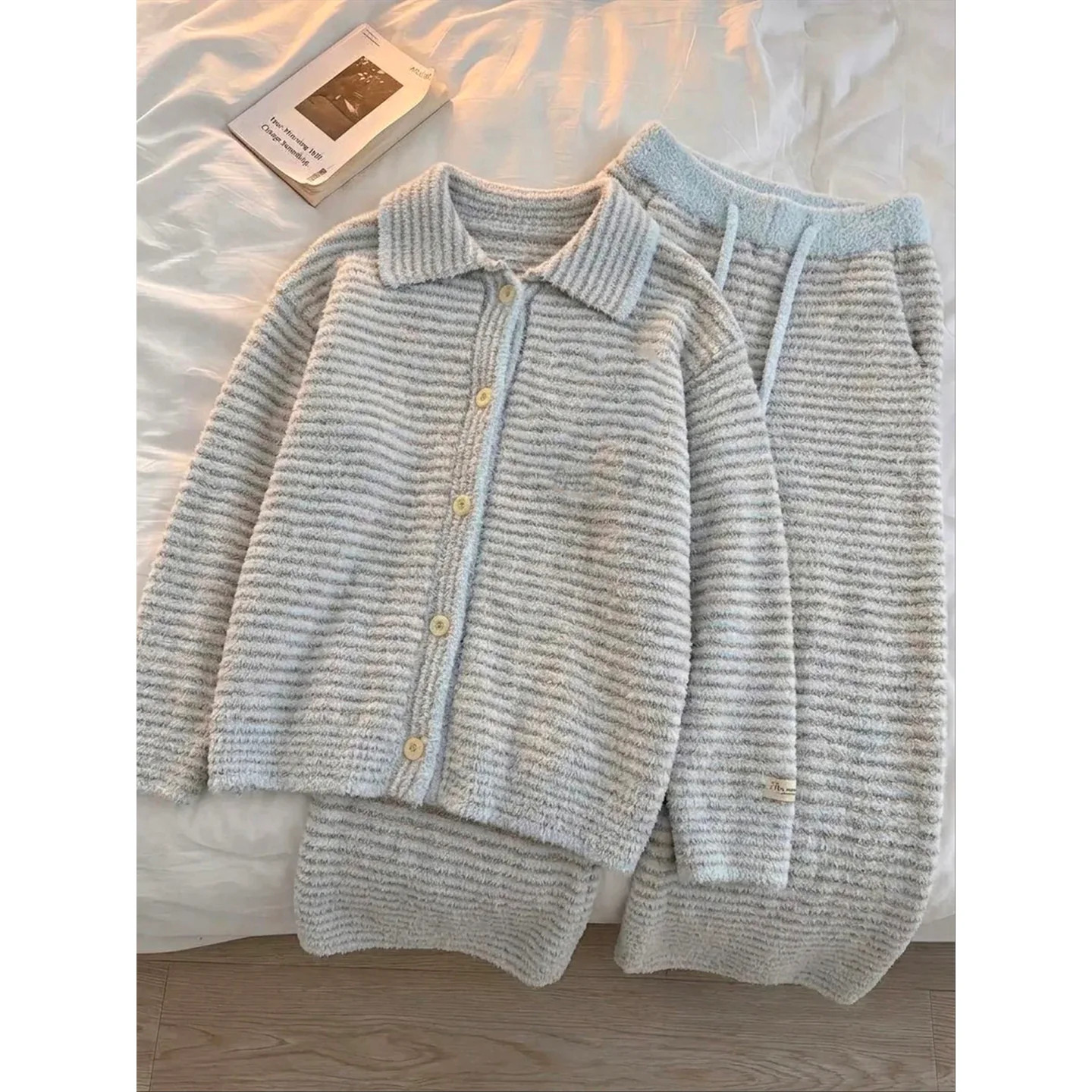 维多利亚半边绒加绒厚条纹睡衣女秋冬2026新款大码保暖家居服套装