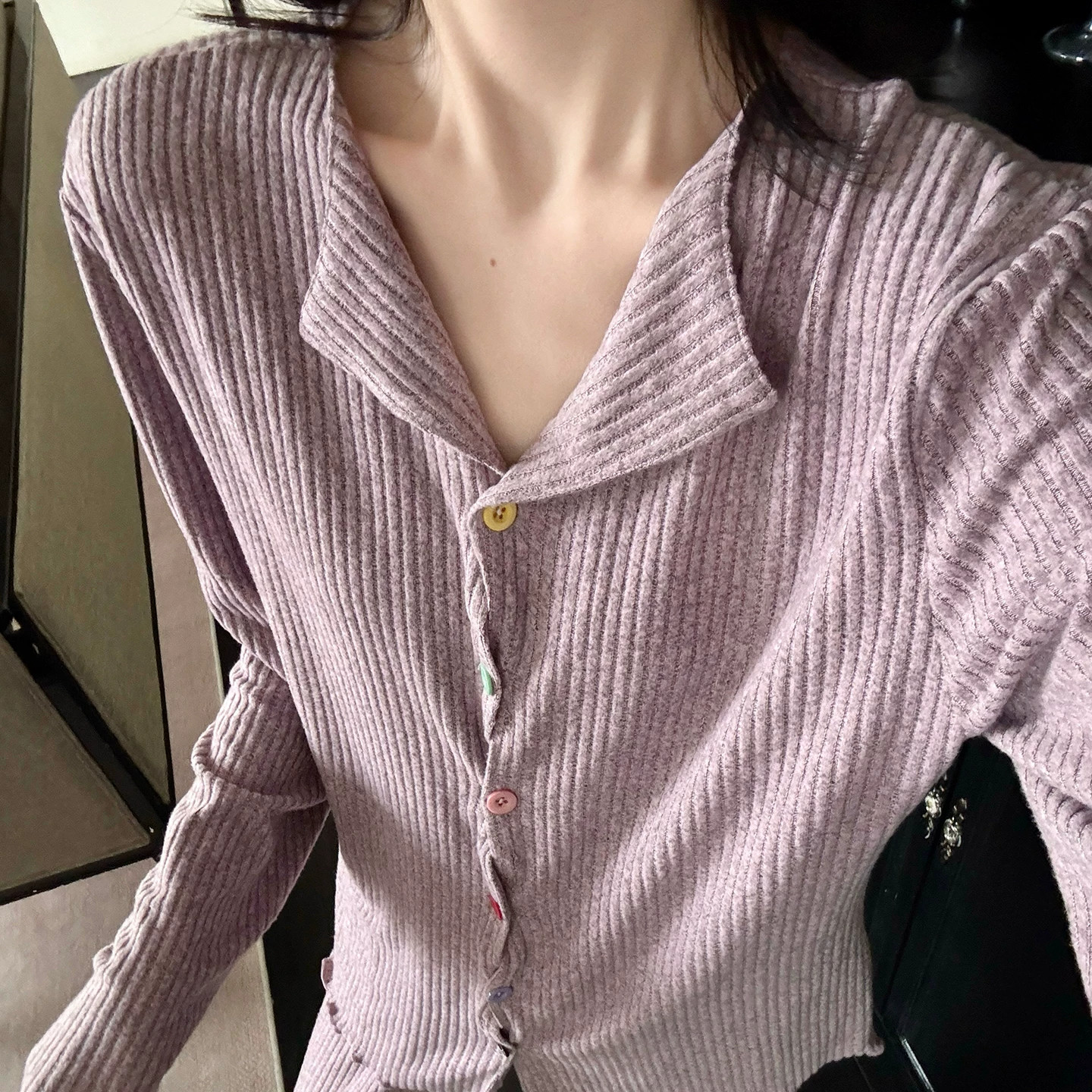 法国HoHiO睡衣女款春秋冬季紫色磨毛坑条开衫宽松保暖家居服套装