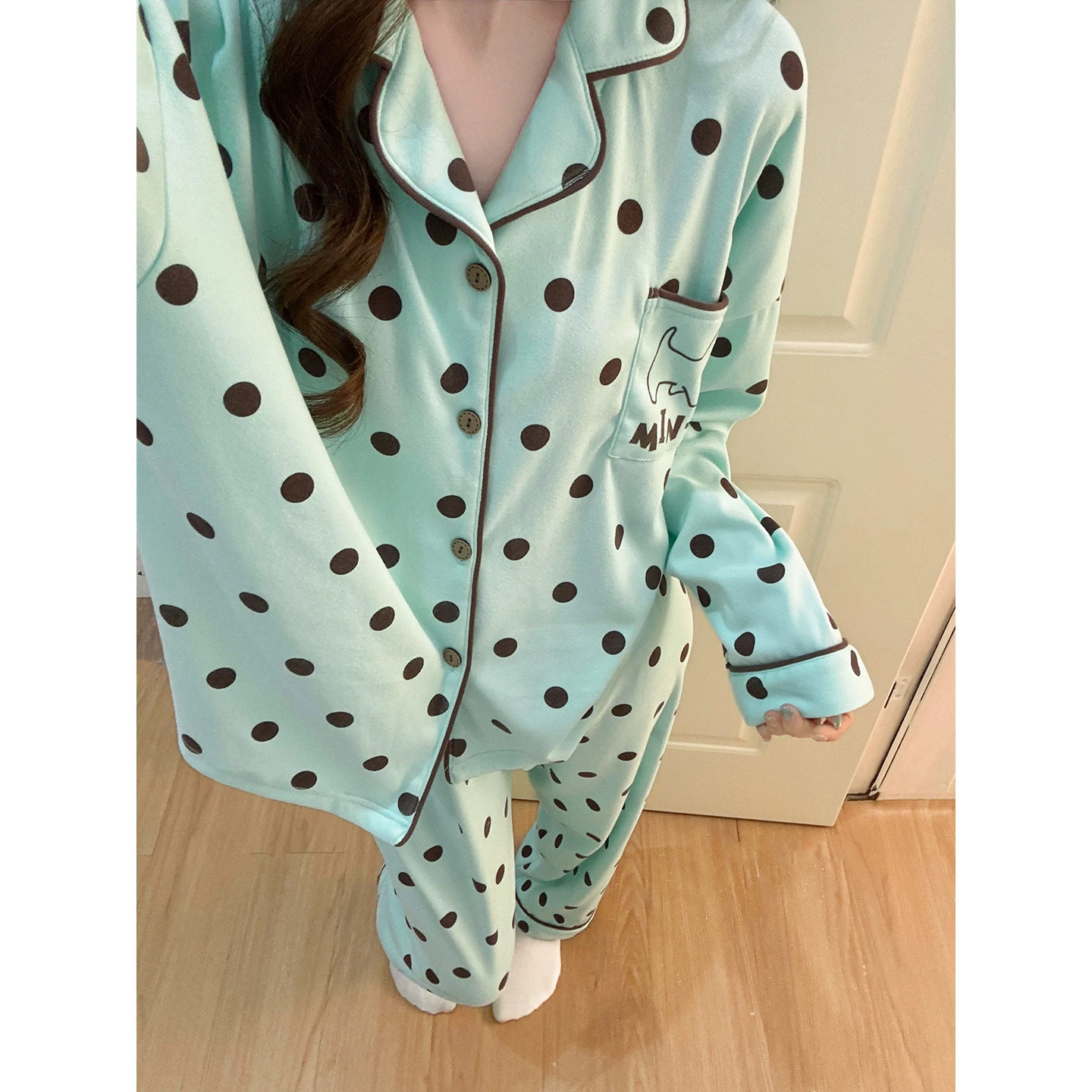 法国HoHiO薄荷绿波点睡衣女德绒秋冬季保暖可外穿薄绒家居服套装