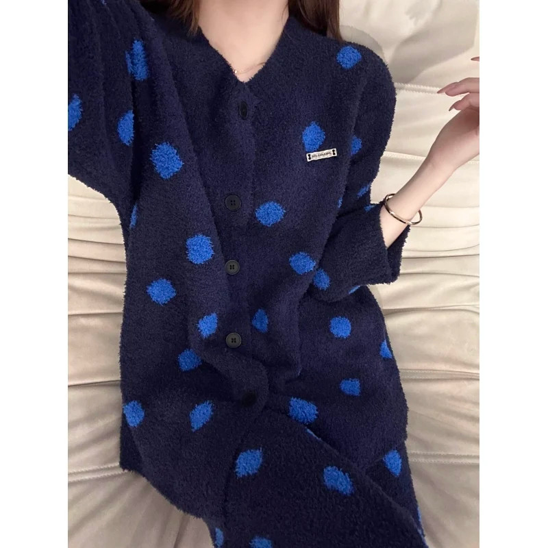 维多利亚慵懒风波点软糯针织睡衣女冬季加厚保暖半边绒家居服套装