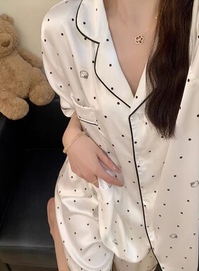 日本GP波点可爱Kitty睡衣女款夏季冰丝短袖短裤白色高级感家居服