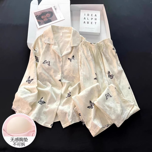 日本GP睡衣女秋冬季双面纯棉长袖