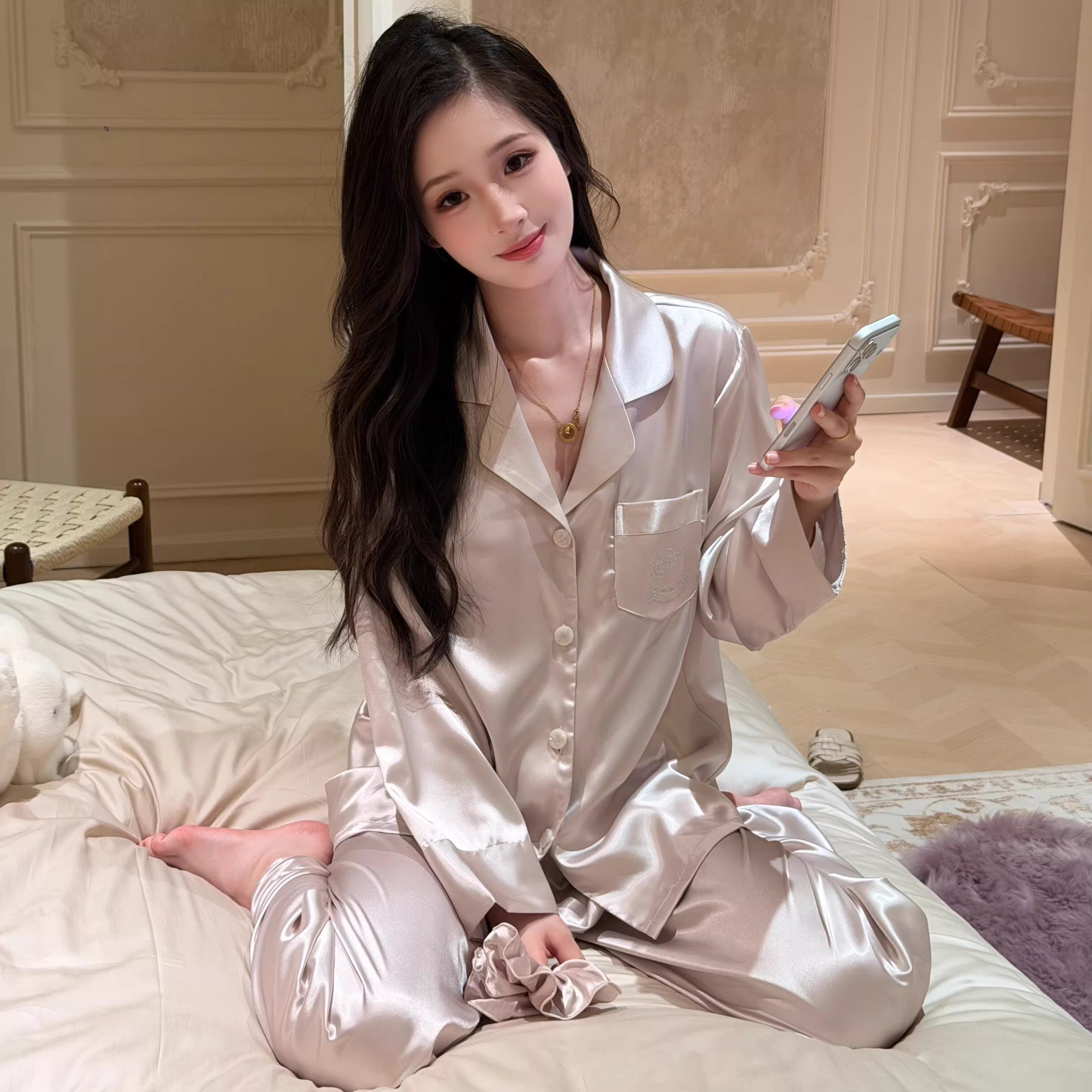 日本GP冰丝缎面睡衣女新款春夏高级感Kitty猫家居服长袖长裤套装