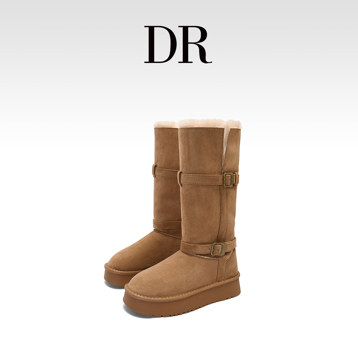 厚底加绒雪地靴皮带扣保暖高筒靴