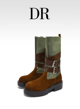 DR官方正品真皮复古皮带扣机车靴女2025冬季厚底靴绿色拼接骑士靴