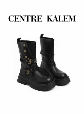 【CENTREKALEM鞋履】翻折两穿皮带扣复古女厚底增高英伦风马丁靴