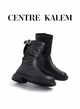 【CENTREKALEM鞋履】黑色褶皱靴女圆头搭扣复古套筒中筒马丁靴女