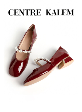 【CENTREKALEM鞋履】红色婚鞋法式珍珠粗跟单鞋方头玛丽珍鞋中跟