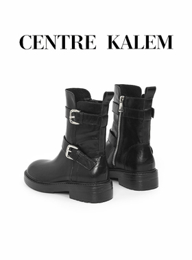 【CENTREKALEM鞋履】圆头复古厚底马丁靴女侧拉链皮带扣英伦短靴