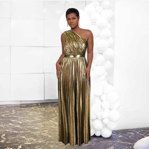 2022欧美大码性感单肩露背百褶派对长裙PlusSize Long PartyDress