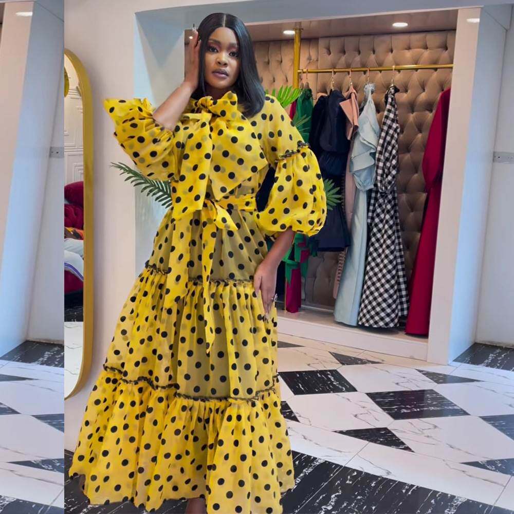 2022欧美大码波点长款连衣裙Plus Size Yellow Girls Dress Women
