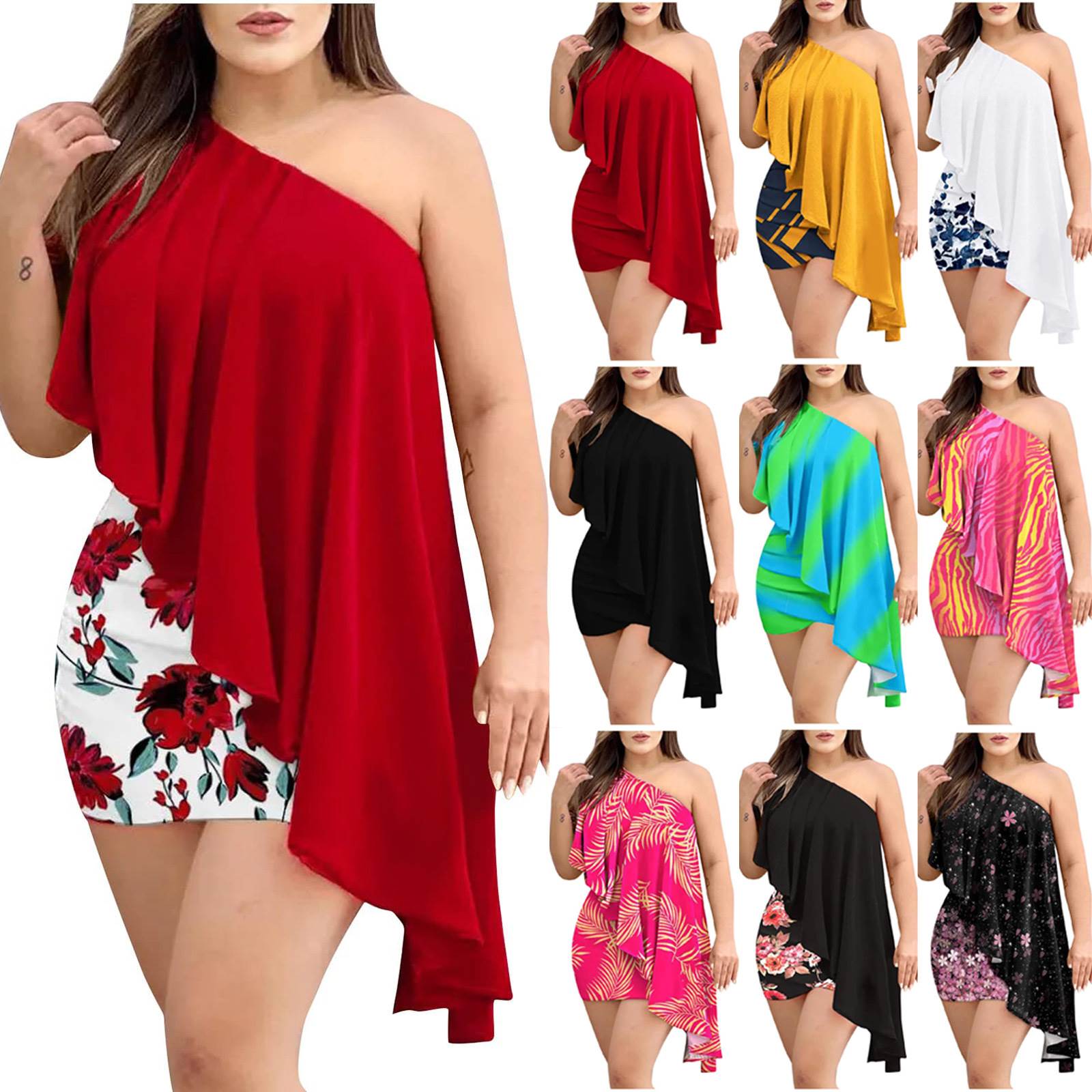 性感收腰无袖单肩连衣裙女Sexy diagonal shoulder slim women dr