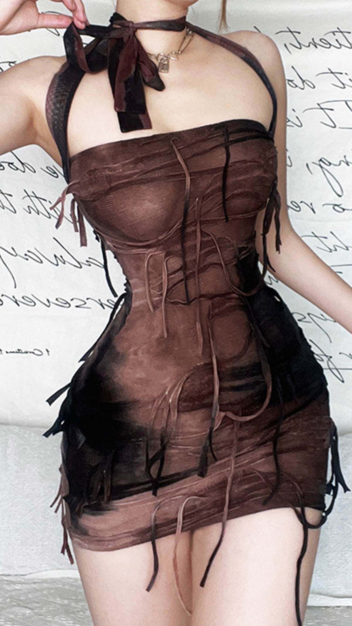 warp-chest slim halter dress复古风挂脖一字肩流苏修身连衣裙