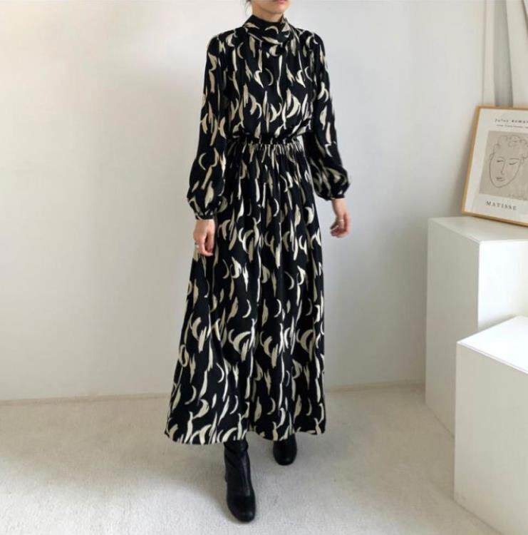 跨境热销2023韩国chic 树叶印花连衣裙领结系带长裙Long dress