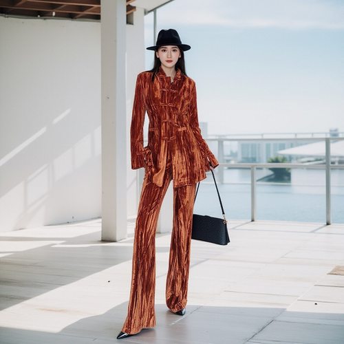 森王者丝绒套装上衣盘扣裤子