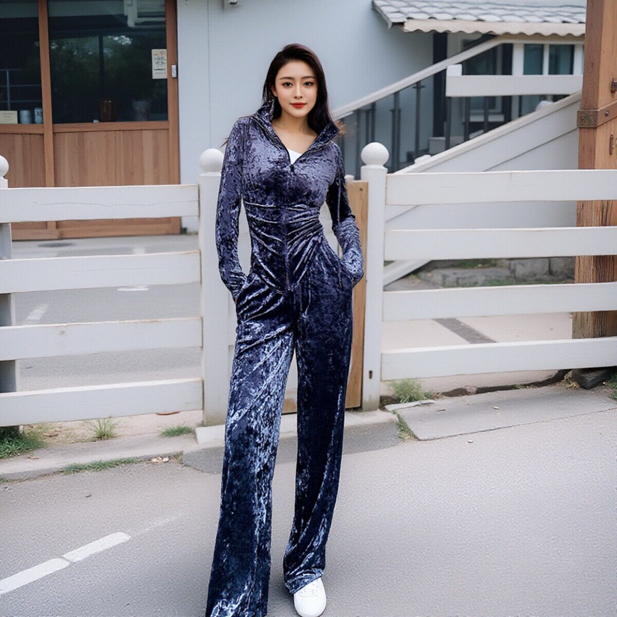 小众设计新款秋冬钻石丝绒连帽女士休闲显瘦上衣直筒阔腿裤两件套