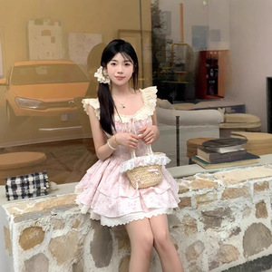 2025春季法式甜美新款小飞袖碎花收腰连衣裙显瘦公主蓬蓬短裙