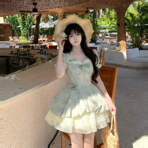 2026夏季新款小清新蕾丝泡泡袖提花收腰少女风公主蓬蓬连衣裙子女