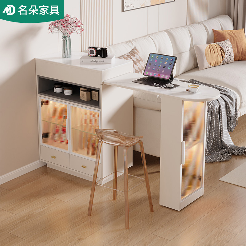 奶油风伸缩吧台家用客厅隔断柜餐边柜置物架酒柜窄岛台玄关5S41