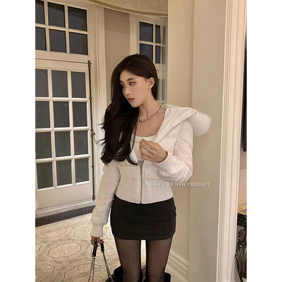 白色大毛领羽绒棉服棉衣重工设计收腰小个子短外套2025冬季新款女